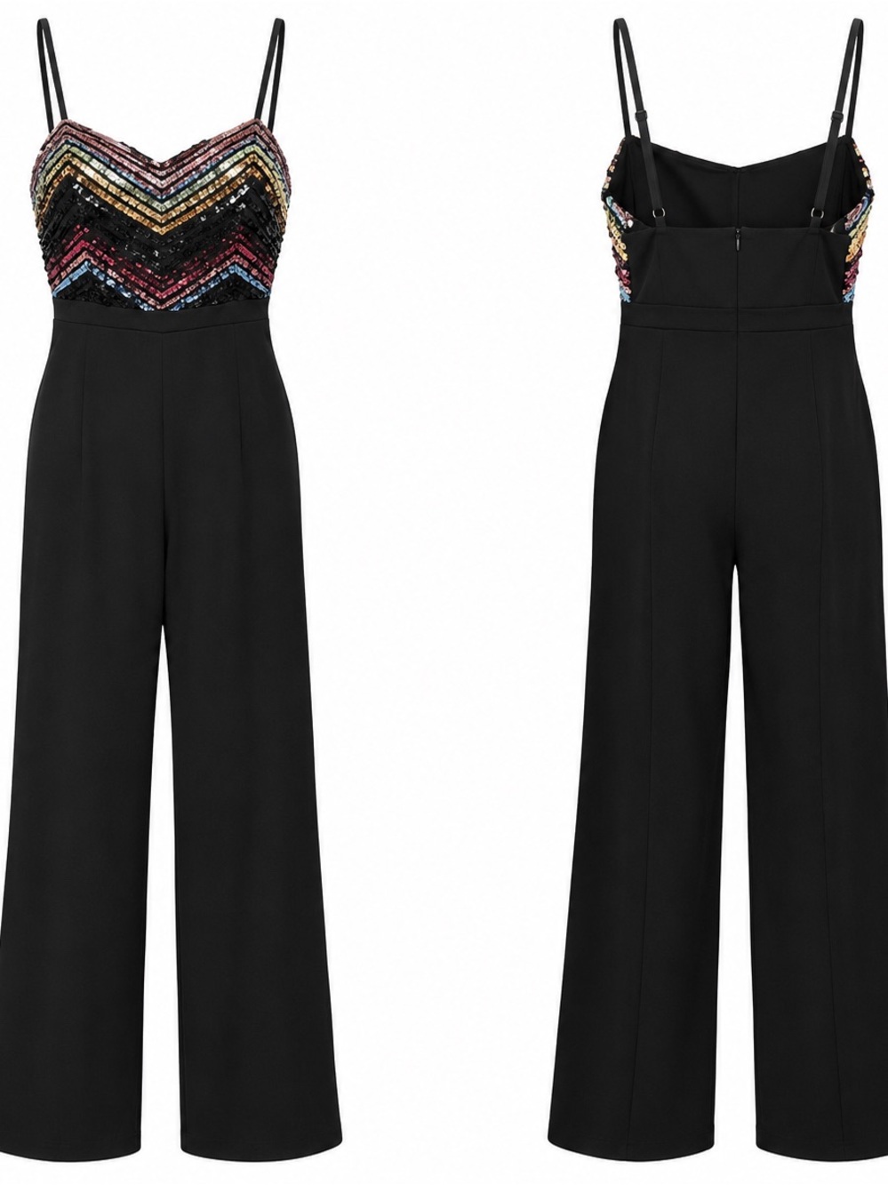 Almost Famous Multicolor Sequin Chevron Bodice with Black Wide-Leg Pants